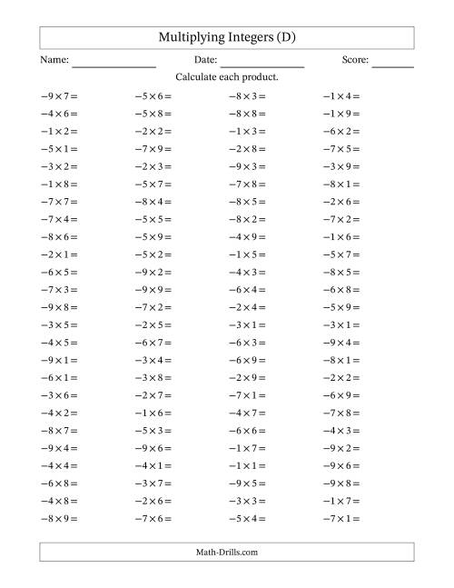 The Multiplying Negative by Positive Integers from -9 to 9 (100 Questions) (D) Math Worksheet