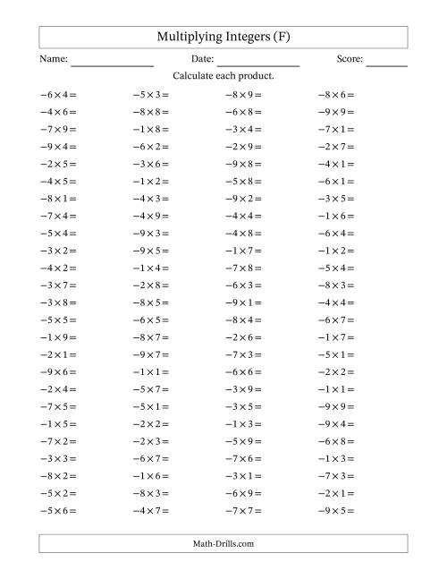 The Multiplying Negative by Positive Integers from -9 to 9 (100 Questions) (F) Math Worksheet