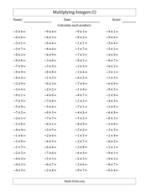 The Multiplying Negative by Positive Integers from -9 to 9 (100 Questions) (I) Math Worksheet