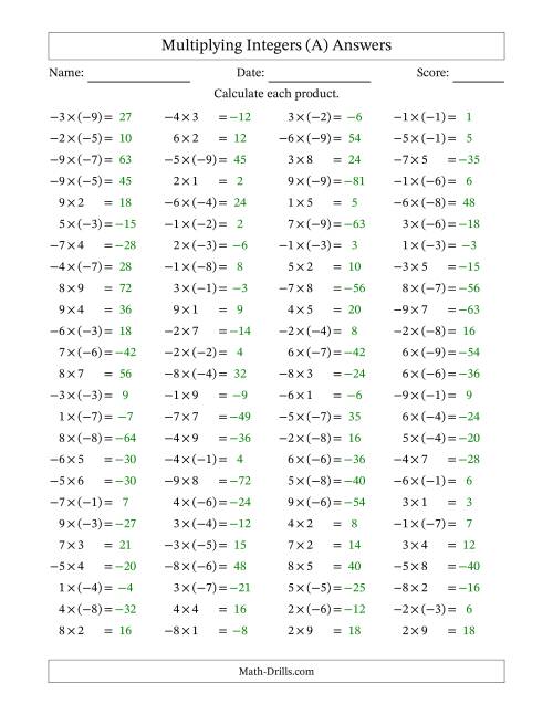 The Multiplying Integers -- Mixed (Range -9 to 9) (A) Math Worksheet Page 2