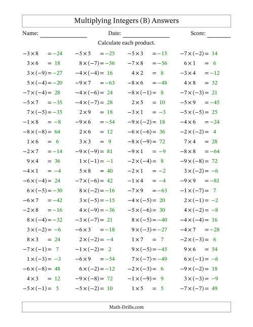 The Multiplying Mixed Integers from -9 to 9 (100 Questions) (B) Math Worksheet Page 2