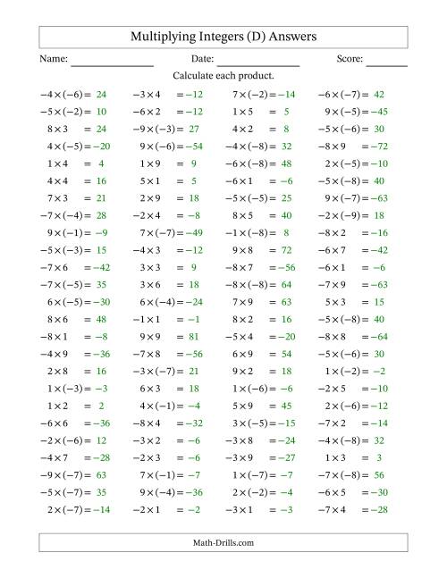 The Multiplying Mixed Integers from -9 to 9 (100 Questions) (D) Math Worksheet Page 2