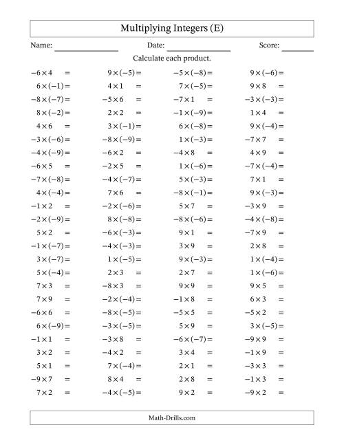 The Multiplying Mixed Integers from -9 to 9 (100 Questions) (E) Math Worksheet