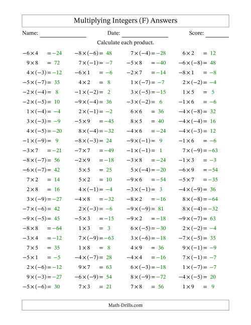 The Multiplying Mixed Integers from -9 to 9 (100 Questions) (F) Math Worksheet Page 2