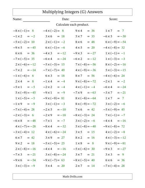 The Multiplying Mixed Integers from -9 to 9 (100 Questions) (G) Math Worksheet Page 2