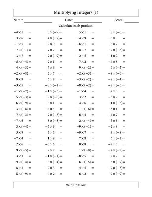 The Multiplying Mixed Integers from -9 to 9 (100 Questions) (I) Math Worksheet