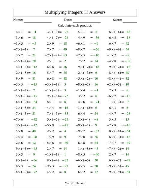 The Multiplying Mixed Integers from -9 to 9 (100 Questions) (I) Math Worksheet Page 2
