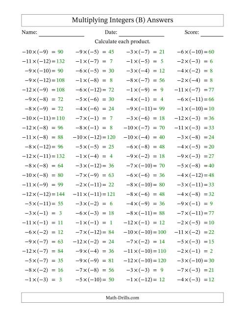 The Multiplying Negative by Negative Integers from -12 to 12 (100 Questions) (B) Math Worksheet Page 2