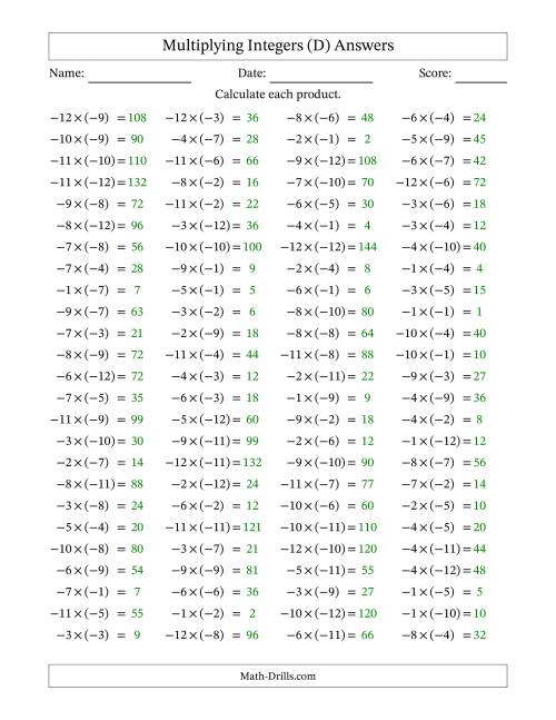 The Multiplying Negative by Negative Integers from -12 to 12 (100 Questions) (D) Math Worksheet Page 2