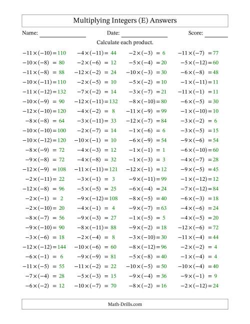 The Multiplying Negative by Negative Integers from -12 to 12 (100 Questions) (E) Math Worksheet Page 2