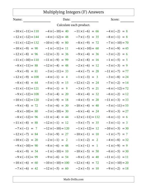The Multiplying Negative by Negative Integers from -12 to 12 (100 Questions) (F) Math Worksheet Page 2