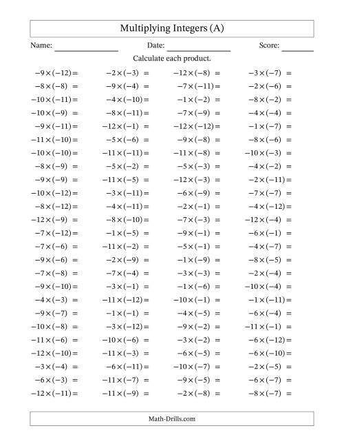The Multiplying Negative by Negative Integers from -12 to 12 (100 Questions) (All) Math Worksheet
