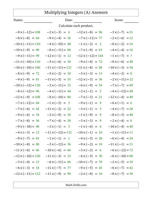 The Multiplying Negative by Negative Integers from -12 to 12 (100 Questions) (All) Math Worksheet Page 2