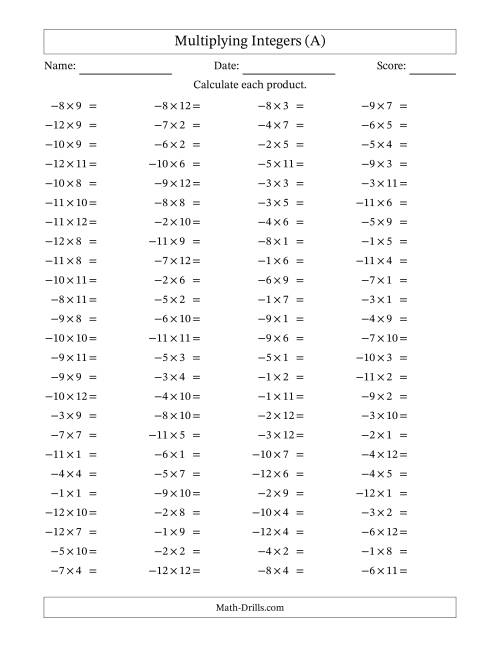 The Multiplying Negative by Positive Integers from -12 to 12 (100 Questions) (A) Math Worksheet
