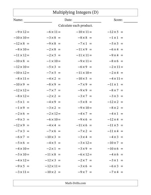 The Multiplying Negative by Positive Integers from -12 to 12 (100 Questions) (D) Math Worksheet