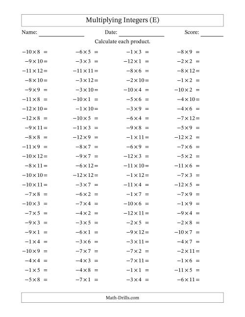 The Multiplying Negative by Positive Integers from -12 to 12 (100 Questions) (E) Math Worksheet
