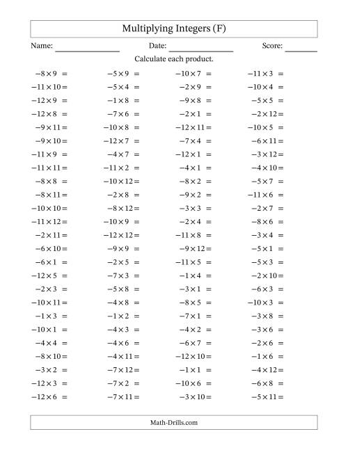The Multiplying Negative by Positive Integers from -12 to 12 (100 Questions) (F) Math Worksheet