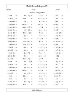 Multiplying Mixed Integers from -12 to 12 (100 Questions)