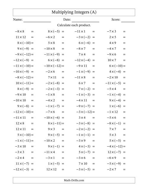 The Multiplying Integers -- Mixed Signs (Range -12 to 12) (A) Math Worksheet