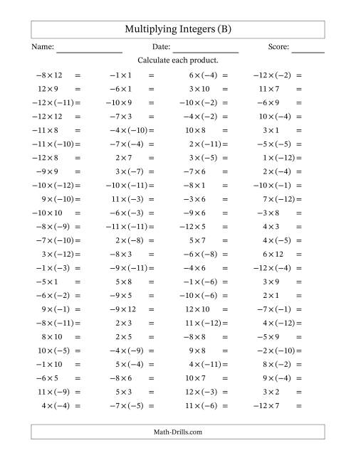 The Multiplying Mixed Integers from -12 to 12 (100 Questions) (B) Math Worksheet