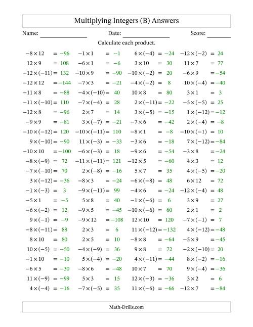The Multiplying Mixed Integers from -12 to 12 (100 Questions) (B) Math Worksheet Page 2