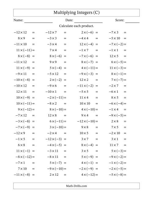 The Multiplying Mixed Integers from -12 to 12 (100 Questions) (C) Math Worksheet