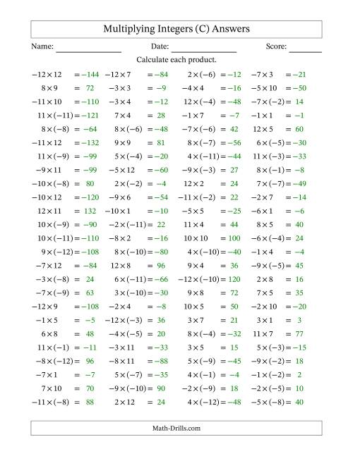 The Multiplying Mixed Integers from -12 to 12 (100 Questions) (C) Math Worksheet Page 2