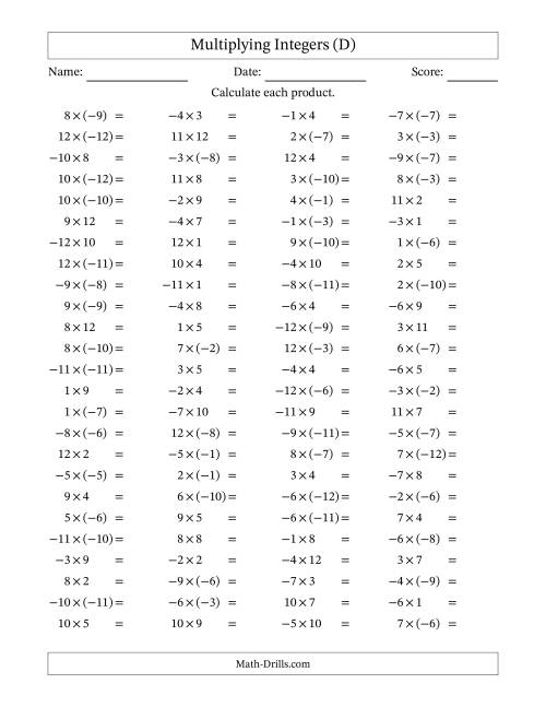 The Multiplying Mixed Integers from -12 to 12 (100 Questions) (D) Math Worksheet