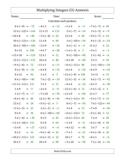 The Multiplying Mixed Integers from -12 to 12 (100 Questions) (D) Math Worksheet Page 2