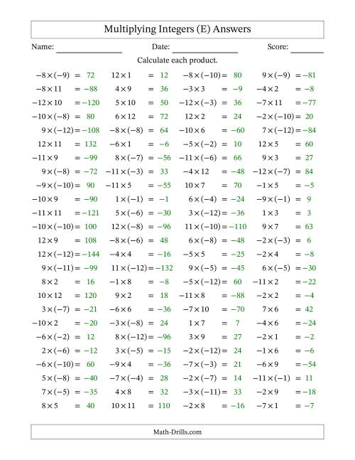 The Multiplying Mixed Integers from -12 to 12 (100 Questions) (E) Math Worksheet Page 2