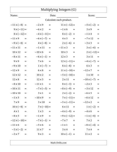The Multiplying Mixed Integers from -12 to 12 (100 Questions) (G) Math Worksheet