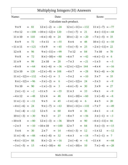 The Multiplying Mixed Integers from -12 to 12 (100 Questions) (H) Math Worksheet Page 2