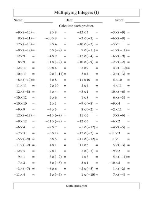 The Multiplying Mixed Integers from -12 to 12 (100 Questions) (I) Math Worksheet
