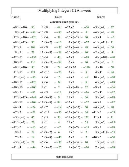 The Multiplying Mixed Integers from -12 to 12 (100 Questions) (I) Math Worksheet Page 2