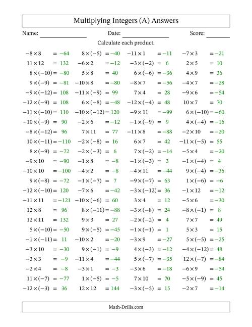 The Multiplying Mixed Integers from -12 to 12 (100 Questions) (All) Math Worksheet Page 2