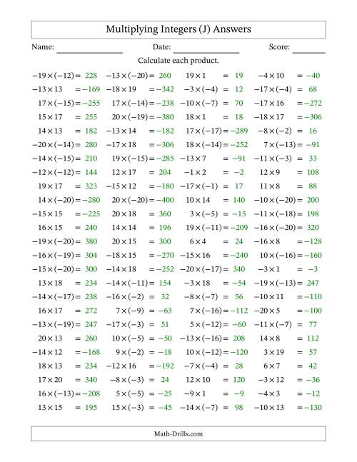 The Multiplying Mixed Integers from -20 to 20 (100 Questions) (J) Math Worksheet Page 2