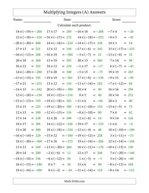 The Multiplying Mixed Integers from -20 to 20 (100 Questions) (All) Math Worksheet Page 2