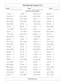 Multiplying Mixed Integers from -50 to 50 (100 Questions)