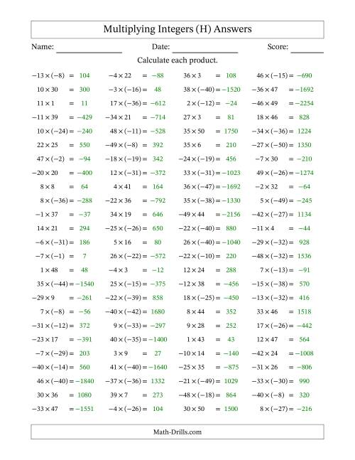 Multiplying Mixed Integers from -50 to 50 (100 Questions) (H)