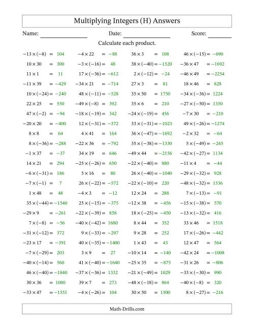 The Multiplying Mixed Integers from -50 to 50 (100 Questions) (H) Math Worksheet Page 2