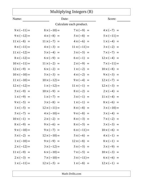 The Multiplying Positive by Negative Integers from -12 to 12 (100 Questions) (B) Math Worksheet