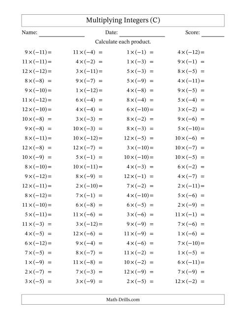 The Multiplying Positive by Negative Integers from -12 to 12 (100 Questions) (C) Math Worksheet