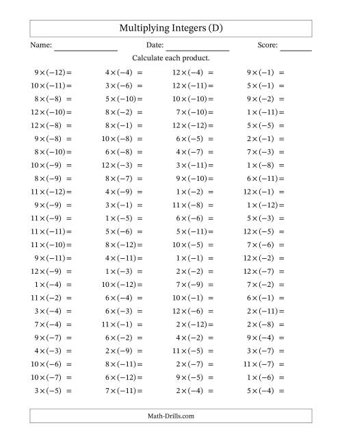 The Multiplying Positive by Negative Integers from -12 to 12 (100 Questions) (D) Math Worksheet