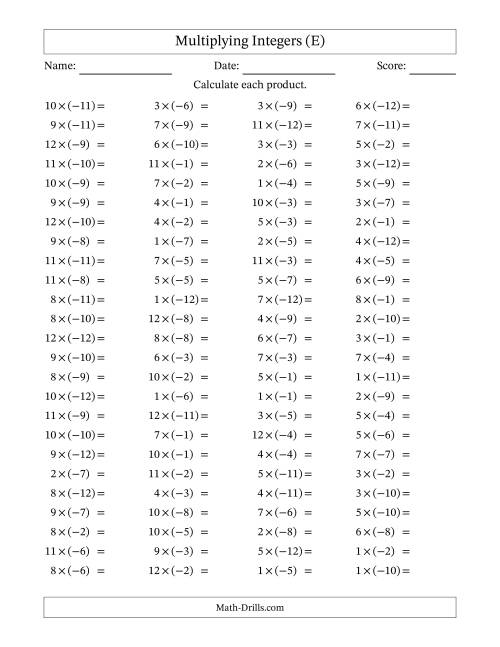 The Multiplying Positive by Negative Integers from -12 to 12 (100 Questions) (E) Math Worksheet