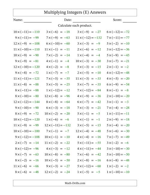 The Multiplying Positive by Negative Integers from -12 to 12 (100 Questions) (E) Math Worksheet Page 2