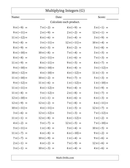 The Multiplying Positive by Negative Integers from -12 to 12 (100 Questions) (G) Math Worksheet
