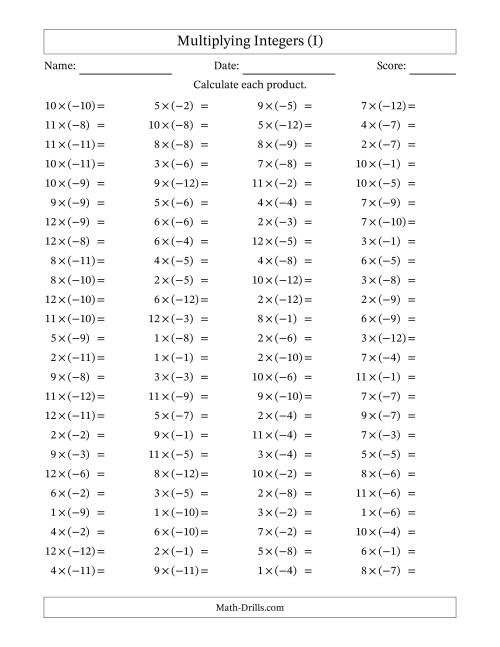 The Multiplying Positive by Negative Integers from -12 to 12 (100 Questions) (I) Math Worksheet