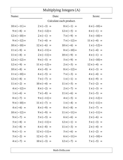 The Multiplying Positive by Negative Integers from -12 to 12 (100 Questions) (All) Math Worksheet