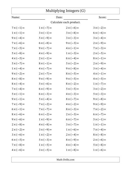 The Multiplying Positive by Negative Integers from -9 to 9 (100 Questions) (G) Math Worksheet
