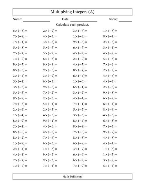 The Multiplying Positive by Negative Integers from -9 to 9 (100 Questions) (All) Math Worksheet